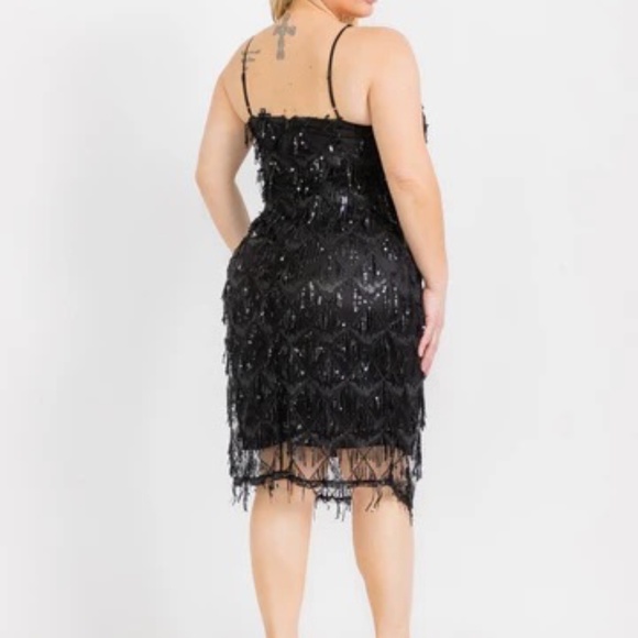 PLUS SIZE SLEEVELES V-NECK BODYCON FRINGE SEQUINS MIDI DRESS - Picture 4 of 4